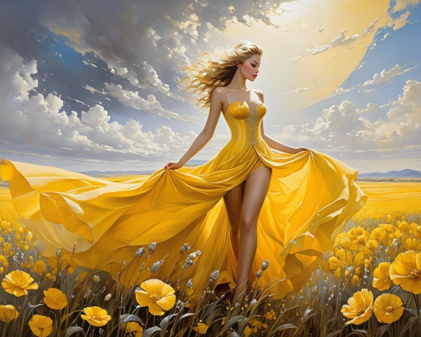Woman in Yellow Dress Dancing in Flower Field