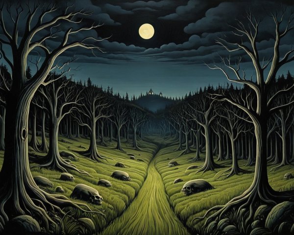 Eerie Forest Scene Under Full Moon with Skulls