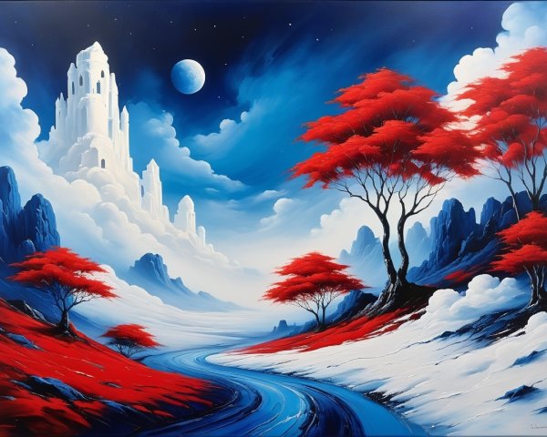 Surreal Landscape with River, Mountains, and Castle