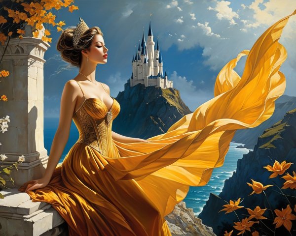 Graceful Woman in Golden Gown on Cliffside with Castle