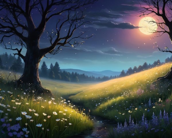 Serene Night Landscape with Full Moon and Meadow