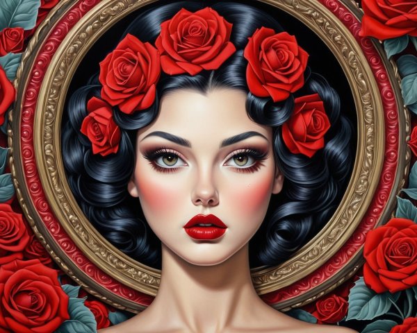 Portrait of a woman with black curls and red roses