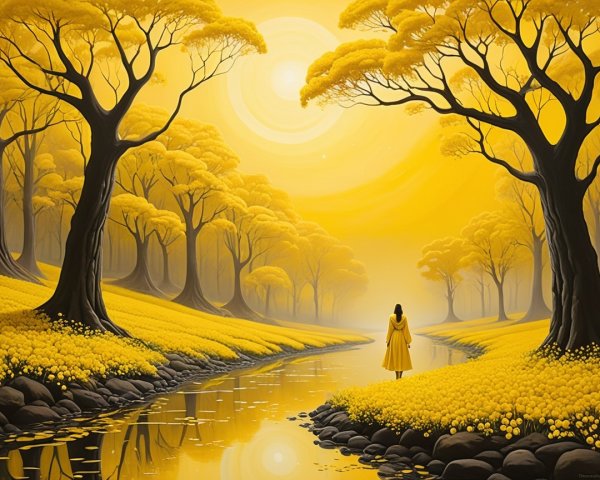 Serene landscape with woman by tranquil stream
