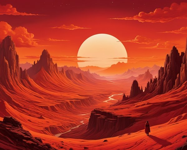 Otherworldly Landscape with Red Hues and Sunset