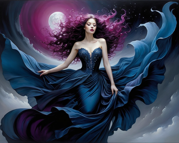 Mystical Woman in Blue Gown Under Full Moon