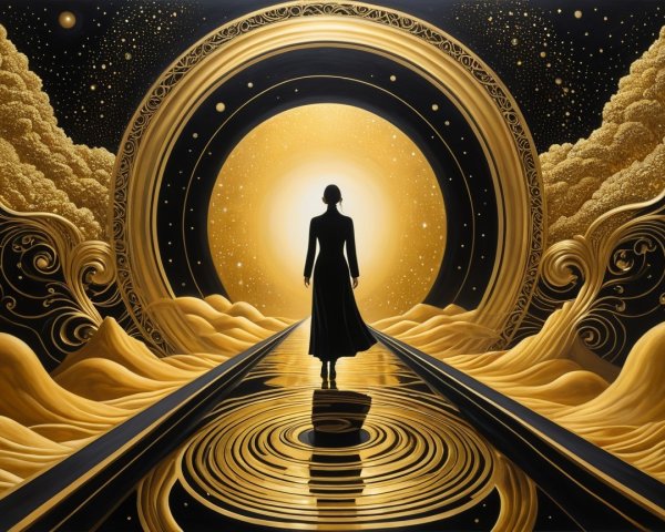 Silhouette on Golden Path with Radiant Portal