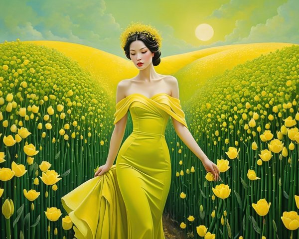 Serene landscape with yellow tulips and graceful woman