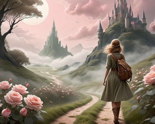 Young woman walking on a path near a castle and roses