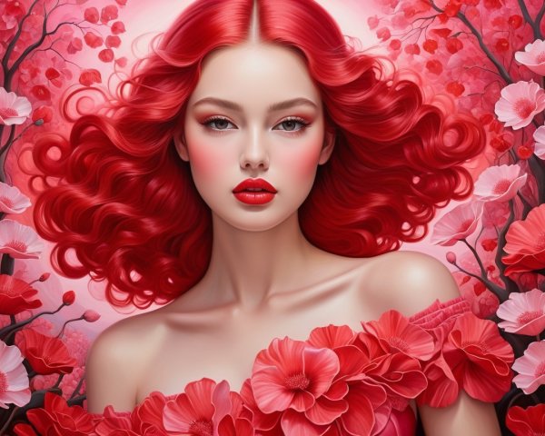 Portrait of a woman with red hair amid pink flowers