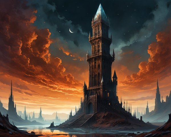 Gothic Castle Spire at Sunset with Dramatic Sky