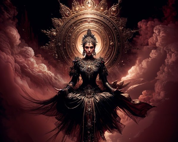 Regal Figure in Intricate Dark Attire with Clouds