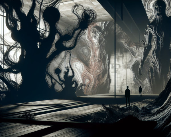 Surreal Scene with Abstract Structures and Eerie Lighting