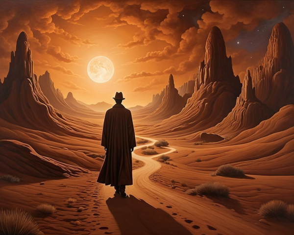 Lone Figure Walking in Desert Under Full Moon