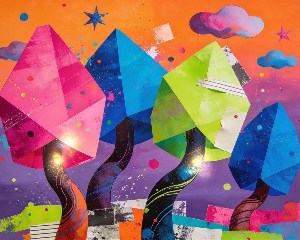 Colorful Abstract Gem-like Trees in Collage Artwork