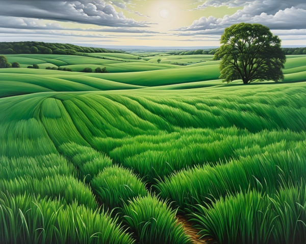 Vibrant Landscape with Lush Fields and Solitary Tree