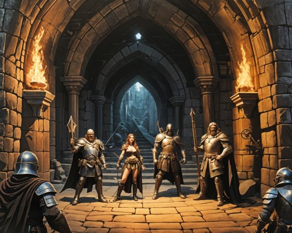 Armored Warriors in Dimly Lit Stone Corridor