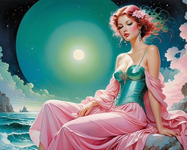 Fantasy Scene of Woman by Ocean with Moonlit Sky