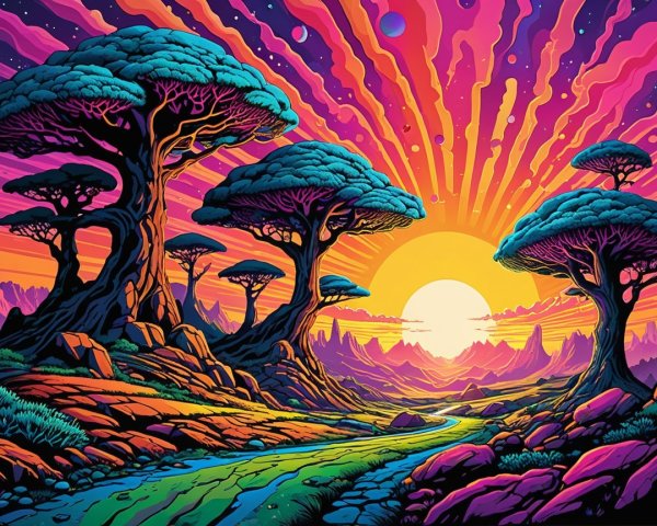 Surreal Landscape with Colorful Trees and Sunset Sky