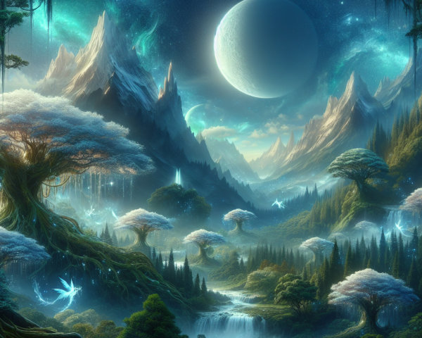 Fantasy Landscape with Mountains and Night Sky