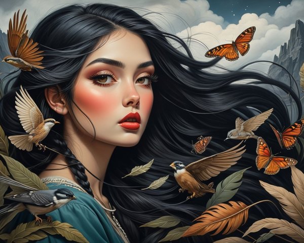 Portrait of a Young Woman with Butterflies and Birds