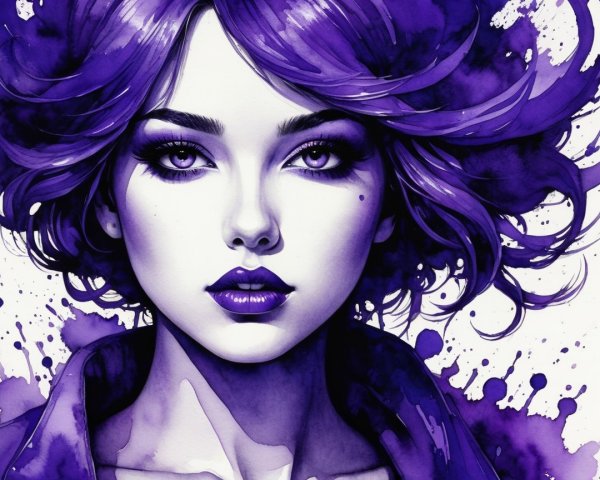 Modern Portrait of a Woman with Purple Hair and Makeup