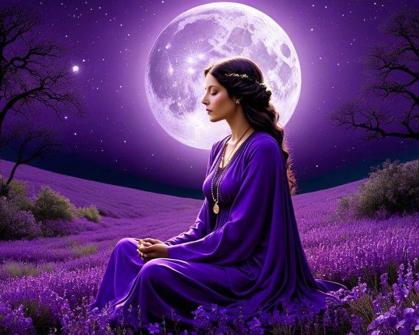 Serene Woman in Lavender Field Under Night Sky