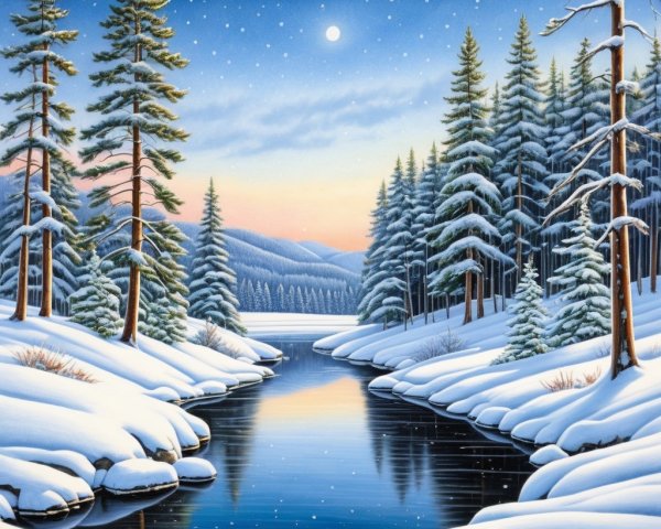 Serene Winter Landscape with River and Snowy Forest