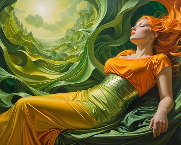 Serene Woman in Yellow Dress in Abstract Landscape