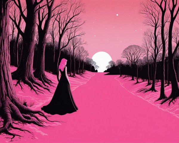 Surreal Scene with Figure by Vibrant Pink River