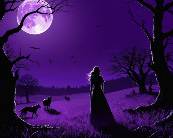 Silhouette of a woman by a luminous moon and wolves