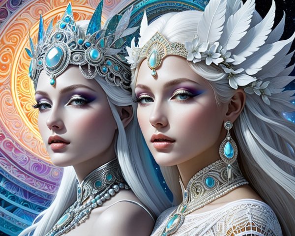 Ethereal Figures with Jewelry Against Cosmic Backdrop