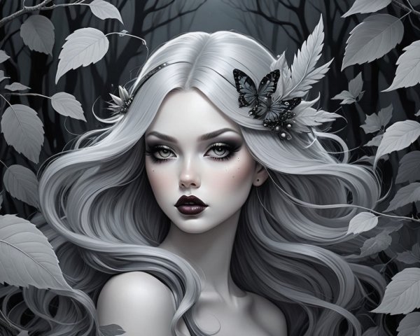 Portrait of a Young Woman with Silver Hair and Nature Elements