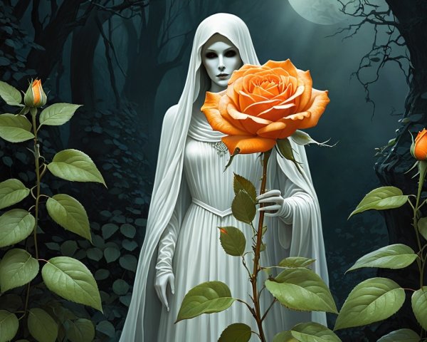 Mysterious Figure in White Gown in Shadowy Forest
