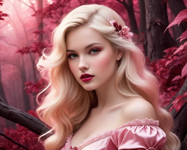 Young Woman in Dreamy Pink Forest Setting