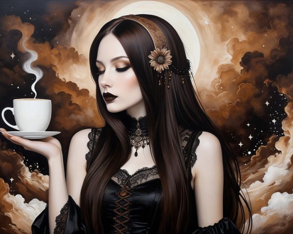 Elegant Woman in Black Dress with Coffee and Stars