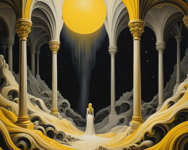 Figure in White Gown Among Grand Columns and Clouds