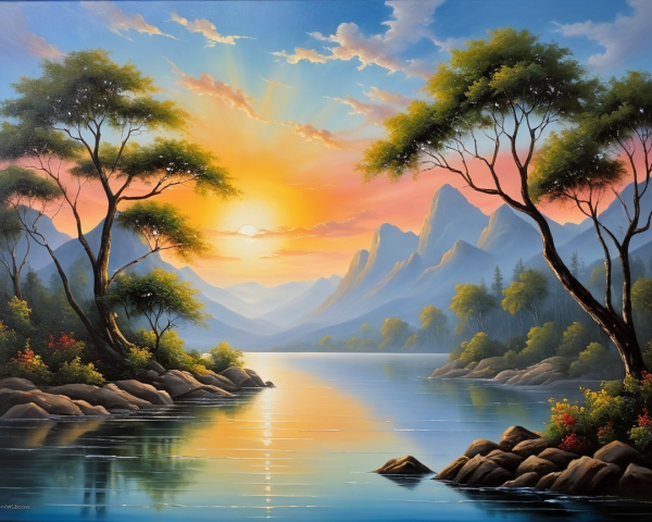 Serene Landscape with Sunset and Tranquil River