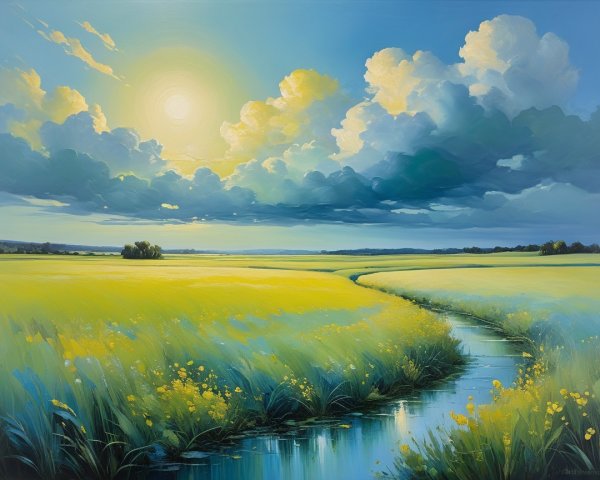Vibrant Countryside Landscape with Golden Fields and Stream