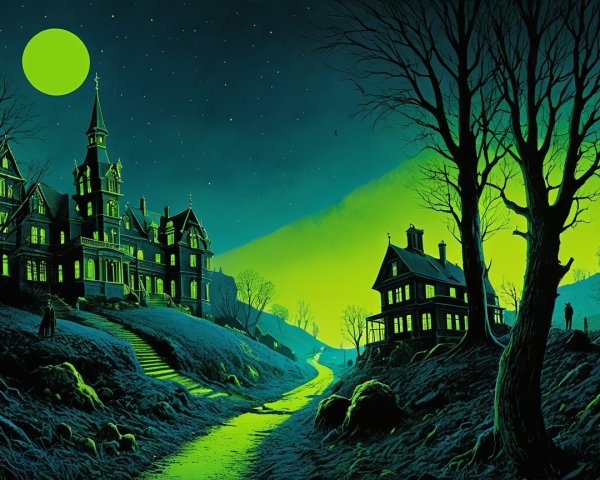 Eerie Night Landscape with Two Haunted Houses
