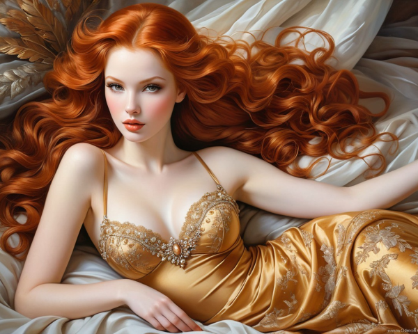 Portrait of a woman with red hair in a golden dress