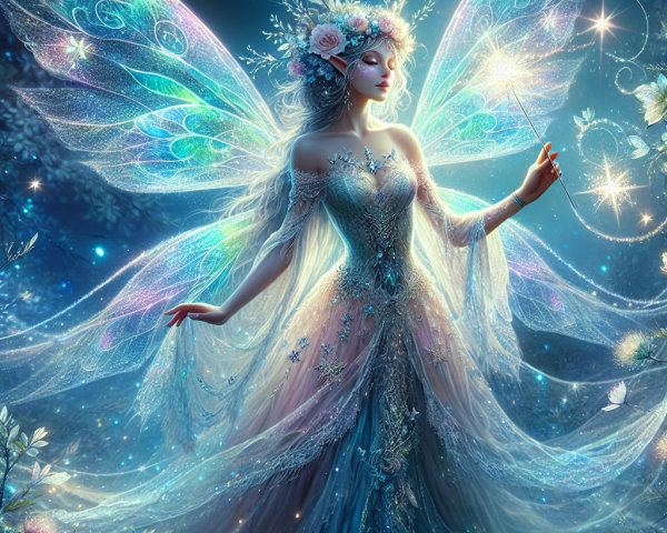Fairy in Gown with Iridescent Wings in Enchanted Forest