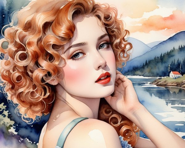 Young Woman with Curly Auburn Hair in Serene Landscape
