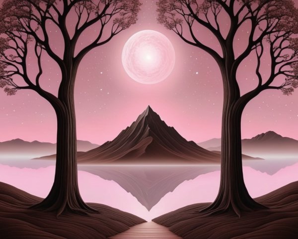 Serene landscape with silhouetted trees and moonlit lake
