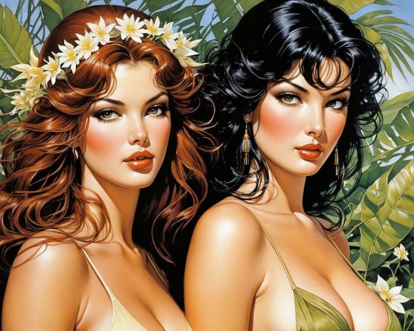 Two women in bikinis among tropical greenery