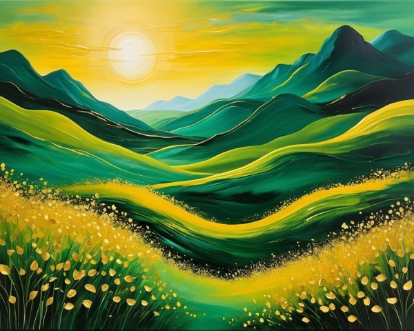 Vibrant Landscape with Green Hills and Yellow Flowers