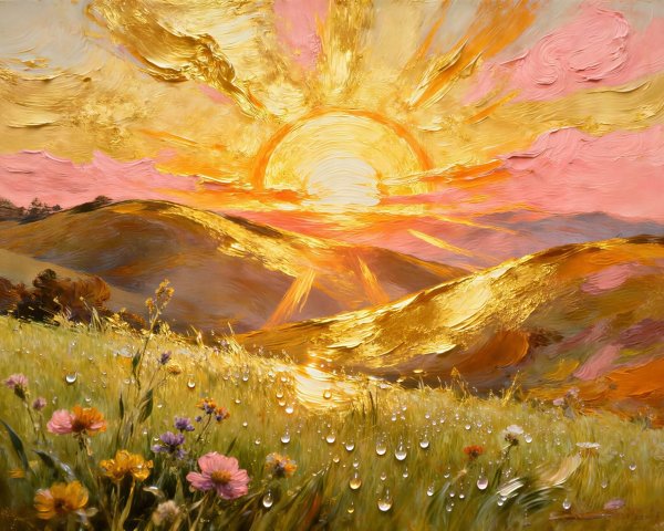 Vibrant Sunrise Over Rolling Hills and Wildflower Meadow