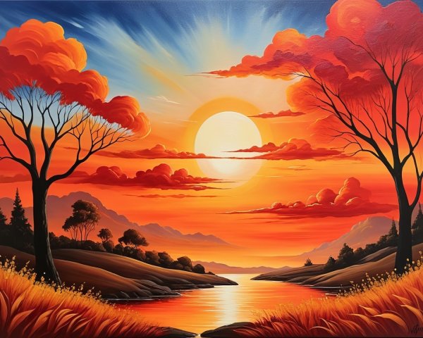 Vibrant Sunset Over Serene Landscape and River