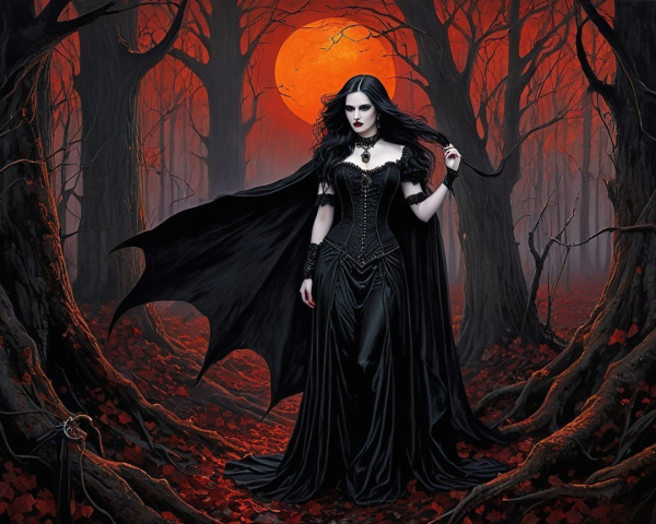 Mysterious Figure in Crimson Moonlit Forest