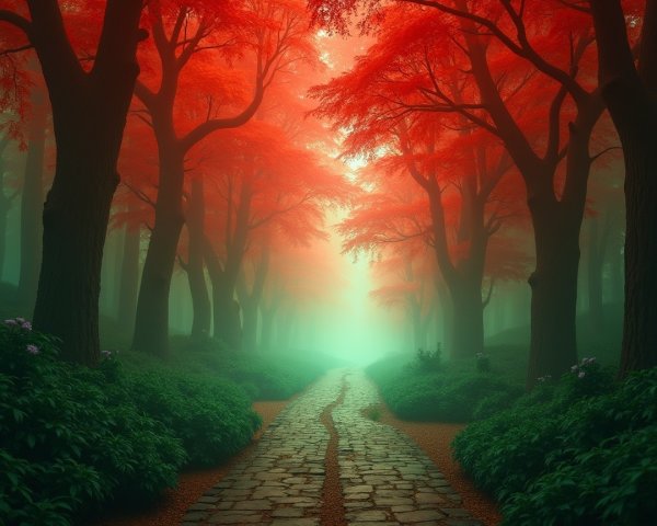 Misty Forest Pathway with Vibrant Red Leaves