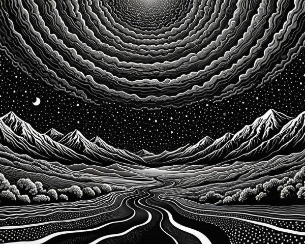 Black-and-white landscape illustration with mountains and sky